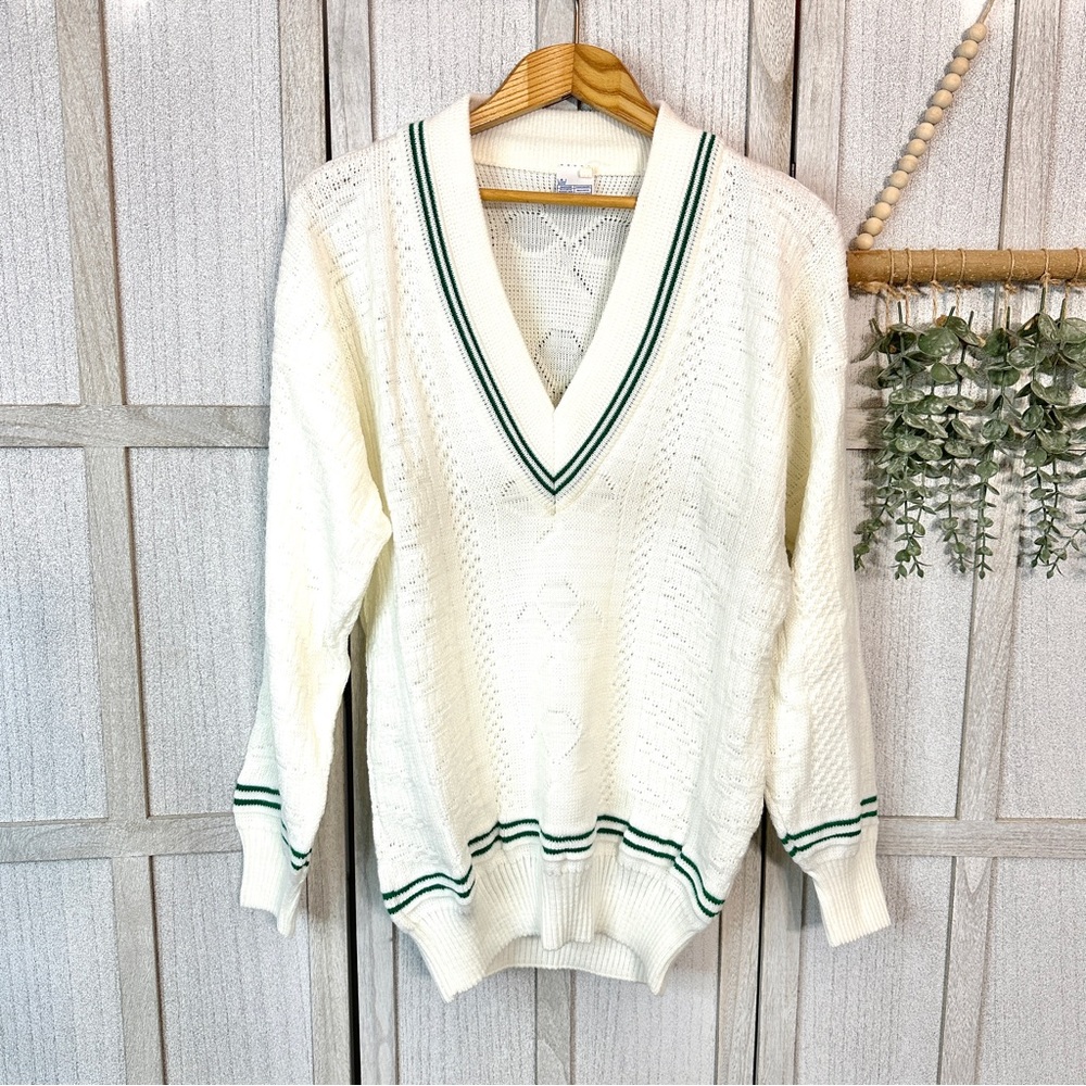 Vintage Cream V-Neck Sweater with Green Accents